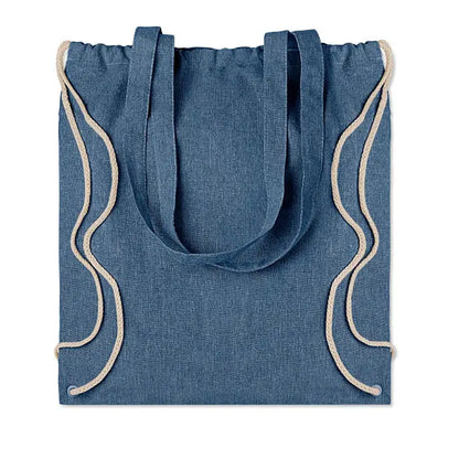 Geanta tote din material reciclat albastru denim cu manere din franghie bej si snur ajustabil