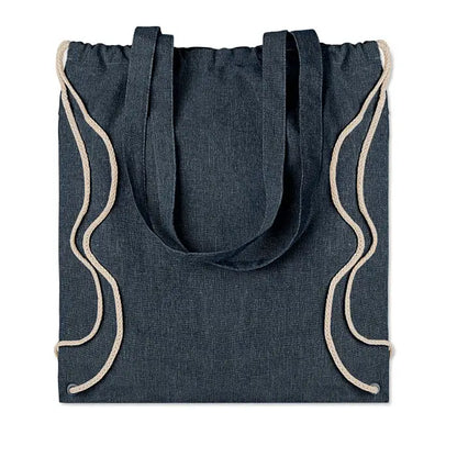Geanta tote din material reciclat albastru inchis cu manere din sfoara bej si snur reglabil