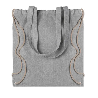 Geanta din material reciclat gri cu manere din acelasi material si snururi bej din sfoara de 140 gr/m²
