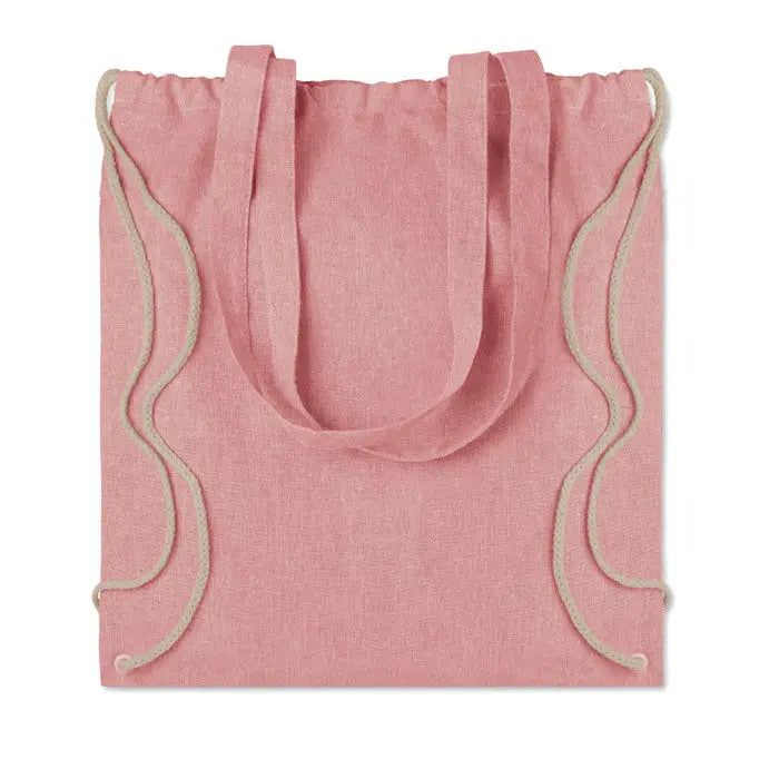 Geanta tote roz deschis cu snururi contrastante din cordon crem din material reciclat de 140 gr/m²