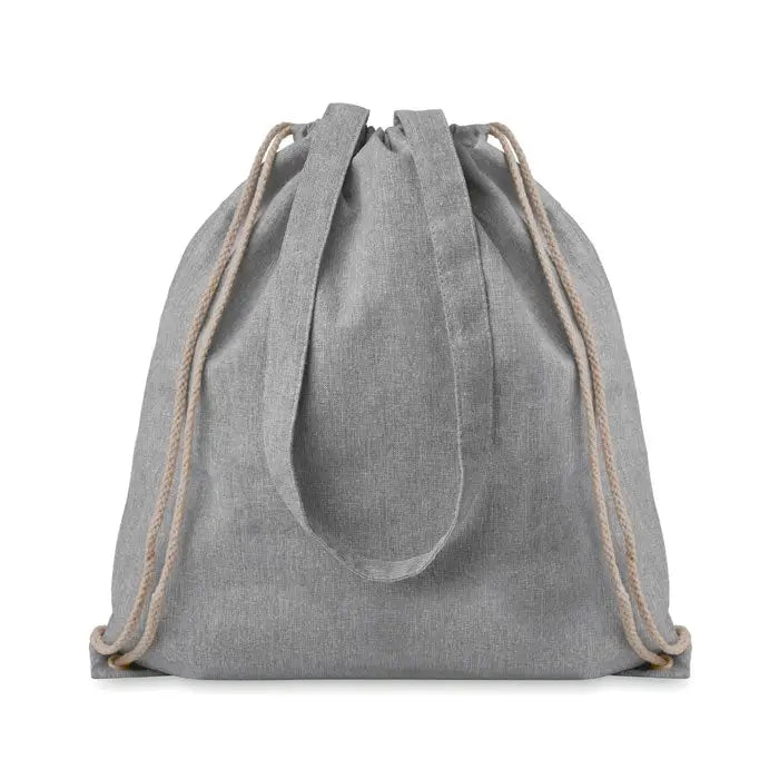 Geanta din material reciclat de 140 gr/m² gri cu snur bej din sfoara si design minimalist simplu