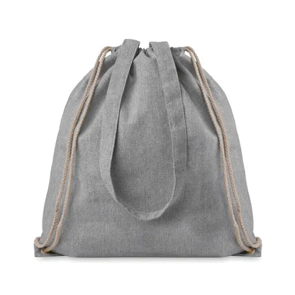Geanta din material reciclat de 140 gr/m² gri cu snur bej din sfoara si design minimalist simplu