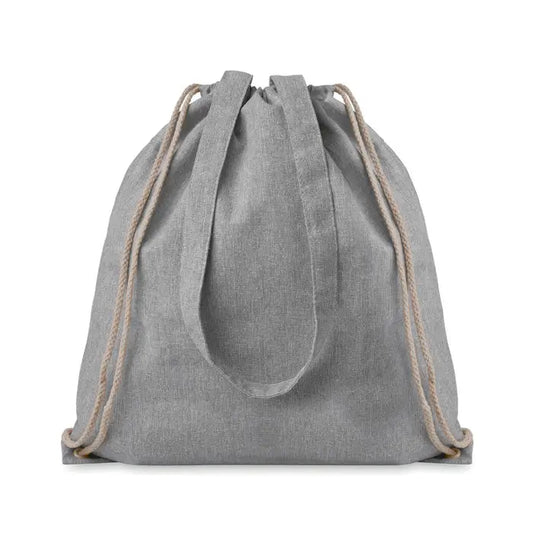 Geanta din material reciclat de 140 gr/m² gri cu snur bej din sfoara si design minimalist simplu