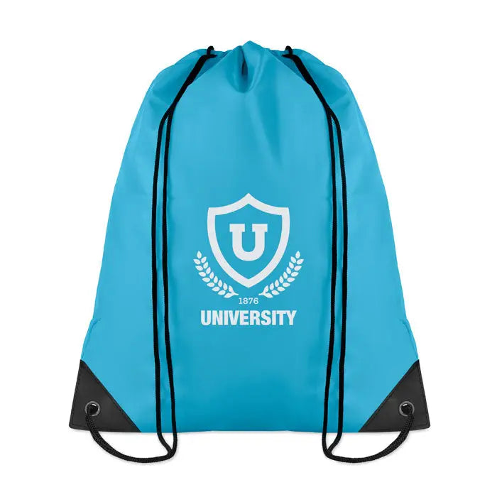 Geanta din poliester 190T turcoaz cu snur negru si logo alb scut university 1876