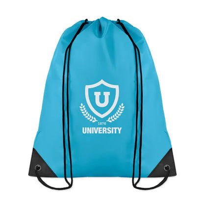 Geanta din poliester 190T turcoaz cu snur negru si logo alb scut university 1876