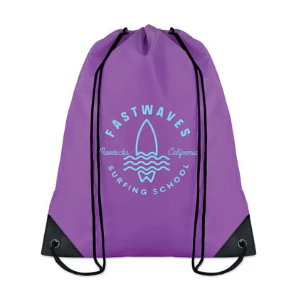 Geanta din poliester 190t mov cu snur, margini negre si logo albastru deschis fastwaves mavericks scoala de surfing California