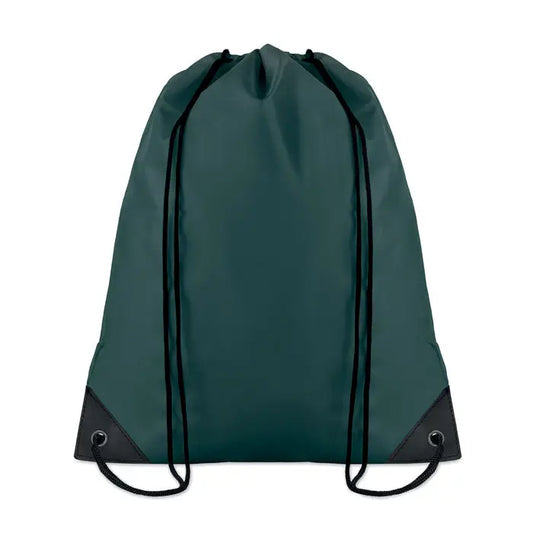 Geanta din poliester 190t cu snur verde inchis cu garnitura neagra si colturile intarite