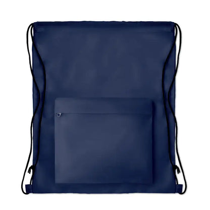 Geanta din poliester 210D bleumarin cu snur negru si buzunar frontal pentru transport usor