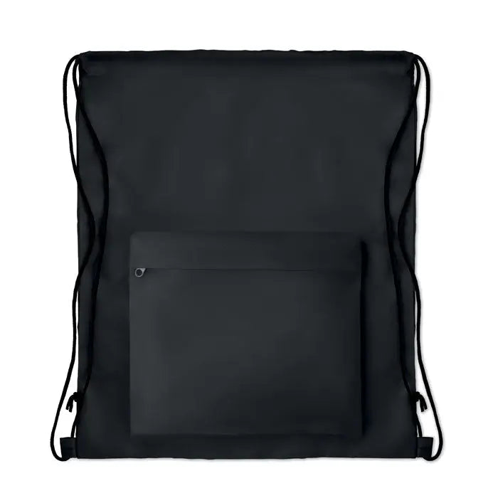 Geanta din poliester 210D neagra cu snur si buzunar frontal cu sfori negre asortate