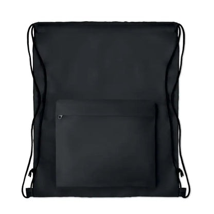 Geanta din poliester 210D neagra cu snur si buzunar frontal cu sfori negre asortate