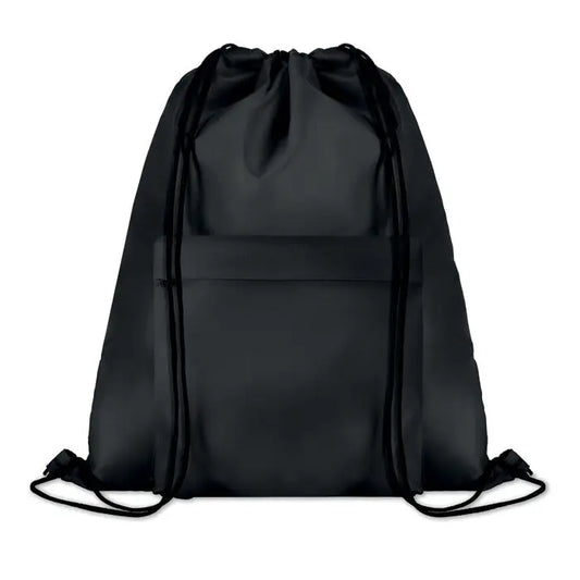 Geanta din poliester 210D neagra cu snur si buzunar frontal cu fermoar pentru depozitare practica