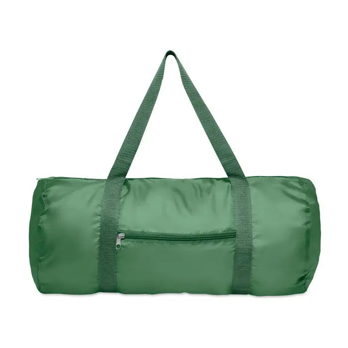 Geanta duffle 190t rpet 20l verde cilindrica din material reciclat cu manere din textil si buzunar frontal cu fermoar