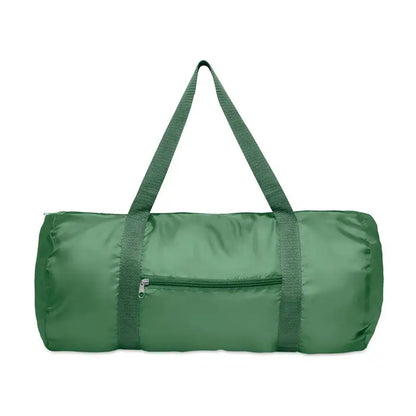 Geanta duffle 190t rpet 20l verde cilindrica din material reciclat cu manere din textil si buzunar frontal cu fermoar
