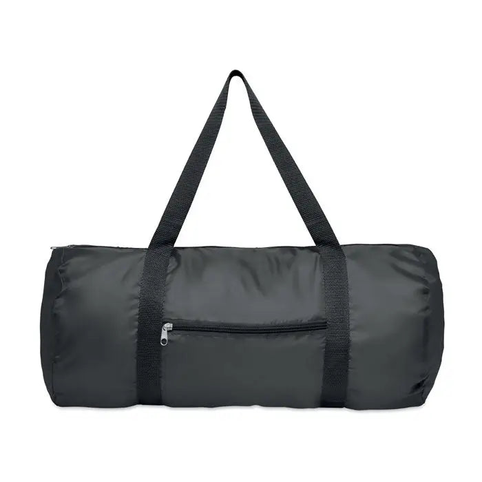 Geanta duffle 190t rpet 20l neagra cilindrica cu bretele din material consolidat si buzunar frontal cu fermoar