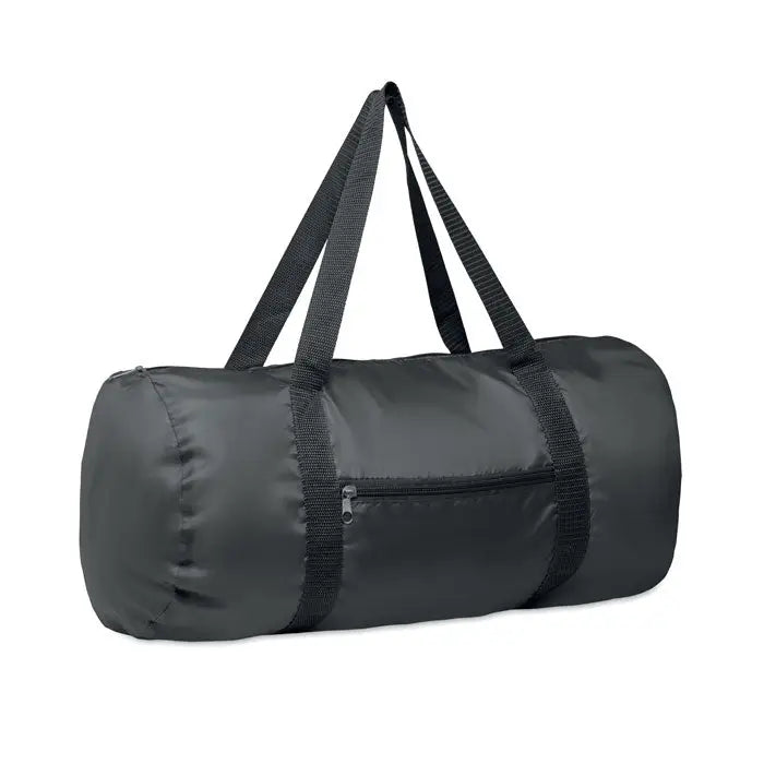 Geanta duffle 190t rpet 20l neagra cilindrica cu barete din material intarit si buzunar frontal cu fermoar
