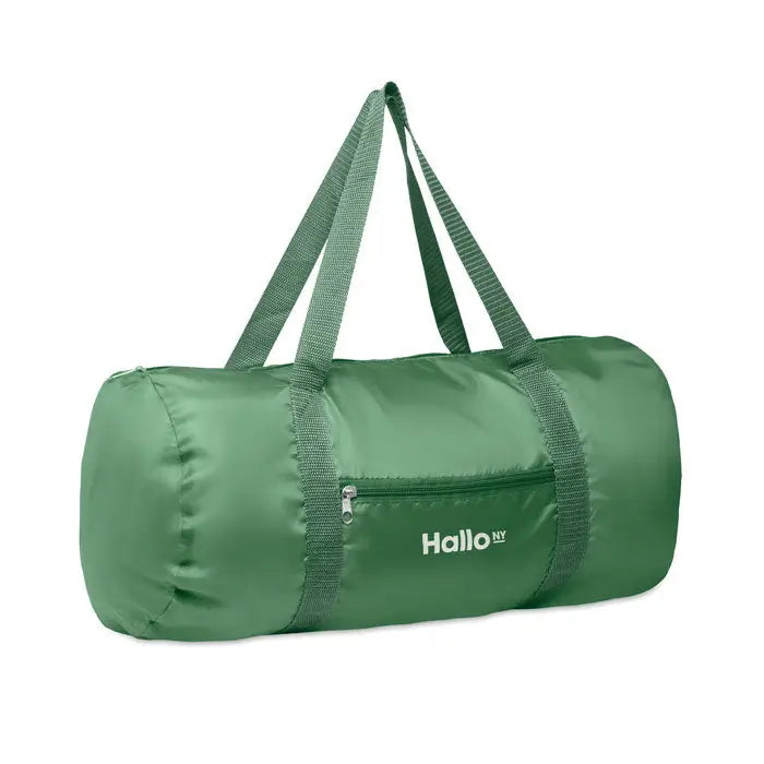 Geanta duffle 190t rpet 20l verde pliabila cu manere ranforsate si buzunar frontal cu sigla hallo ny