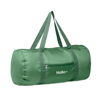 Geanta duffle 190t rpet 20l verde pliabila cu manere ranforsate si buzunar frontal cu sigla hallo ny