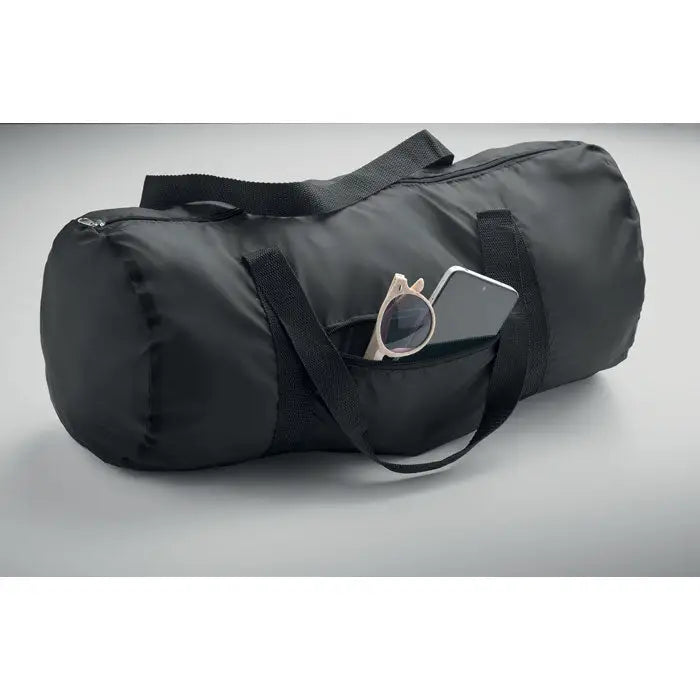 Geanta duffle 190t rpet 20l neagră din nailon cu mânere duble și buzunar frontal cu ochelari și smartphone