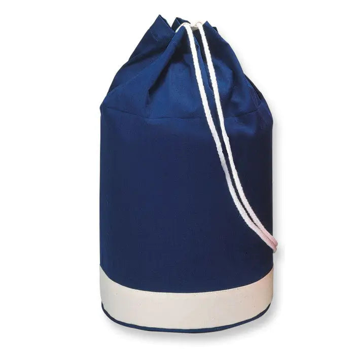 Geanta duffle din bumbac bicolor navy albastru cu baza alba si sireturi albe contrastante din panza