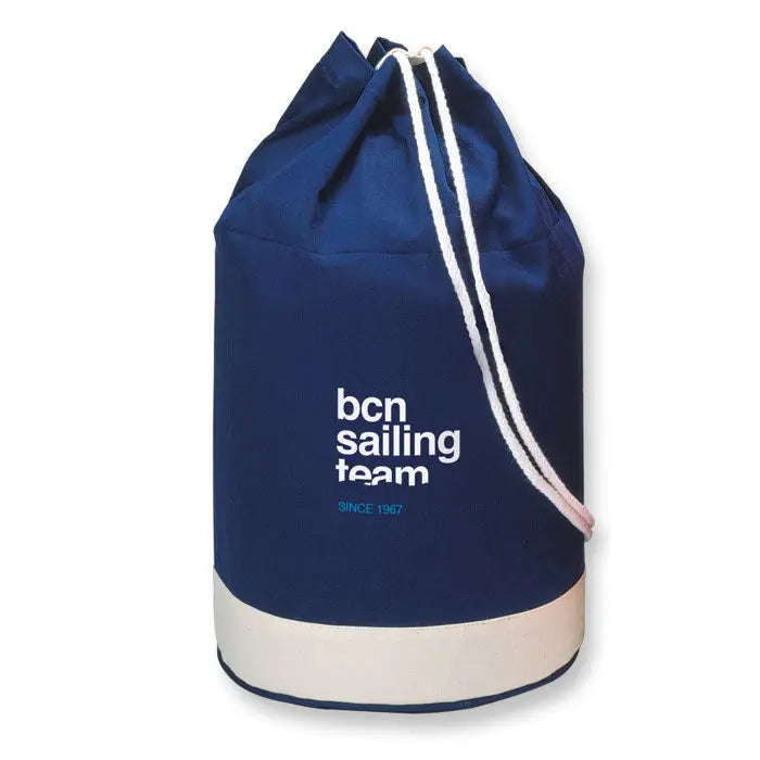 Geanta duffle din bumbac bicolor navy cu snur si logo bcn sailing team alb