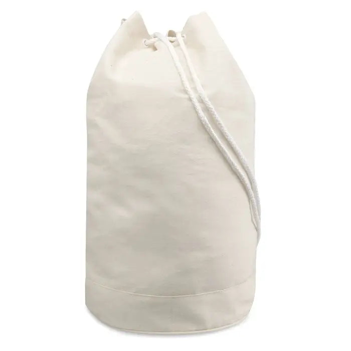 Geanta duffle din bumbac crem cu design simplu si minimalist din panza cu snur de strangere