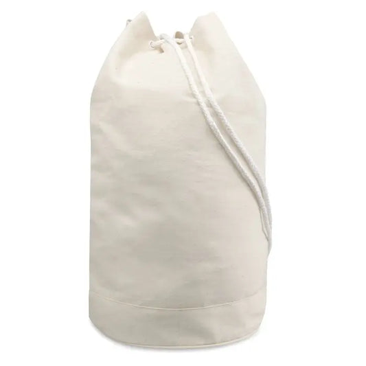 Geanta duffle din bumbac crem cu design simplu si minimalist din panza cu snur de strangere