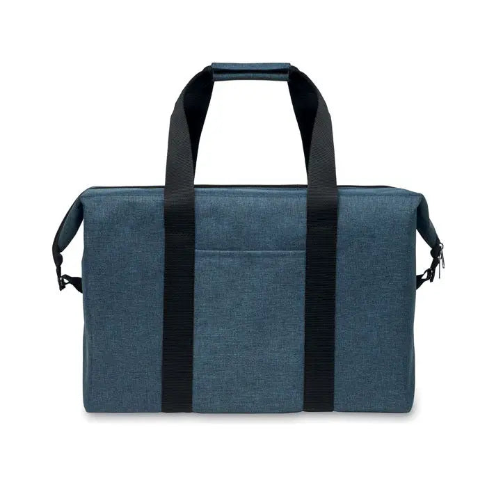 Geanta frigorifica 300d rpet 3l albastra cu textura denim, manere negre si fermoare laterale pentru racire usoara