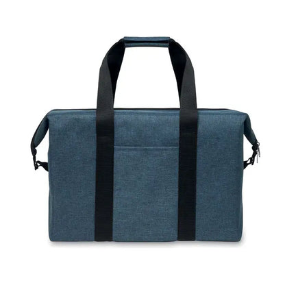 Geanta frigorifica 300d rpet 3l albastra cu textura denim, manere negre si fermoare laterale pentru racire usoara