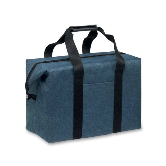 Geanta frigorifica albastra din material 300d rpet cu manere din chinga neagra si fermoar pentru racire usoara