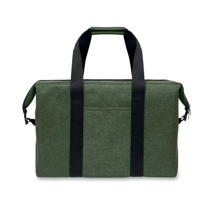 Geanta frigorifica olive green din tesatura texturata 300d rpet cu manere negre si fermoare laterale