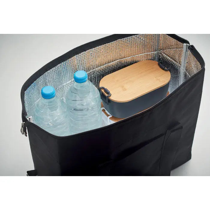 Geanta frigorifica neagra 300d rpet 3l cu interior captusit cu plasa si manere rezistente