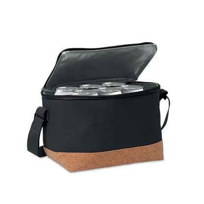 Geanta frigorifica 600d rpet neagra izolata cu baza de pluta si curea reglabila pentru 6 doze