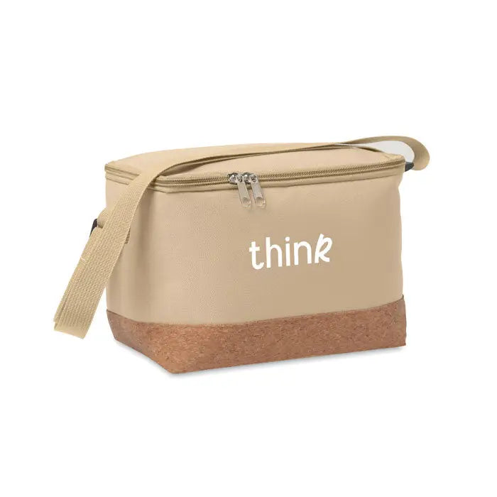 Geanta frigorifica bej izolata cu baza din pluta si logo alb think din material 600d rpet