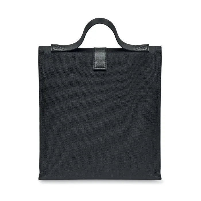 Geanta frigorifica 600d rpet neagra din canvas cu maner si clapeta din piele pentru transport termic