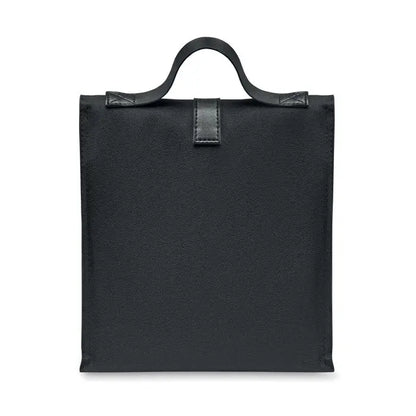 Geanta frigorifica 600d rpet neagra din canvas cu maner si clapeta din piele pentru transport termic