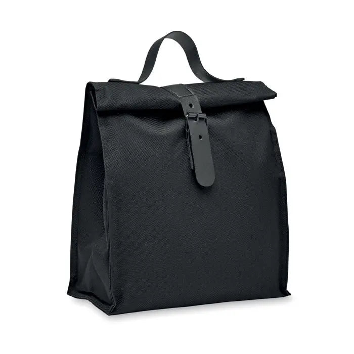 Geanta frigorifica 600d rpet neagra cu inchidere cu clapeta si curea eleganta din piele pentru pastrarea alimentelor