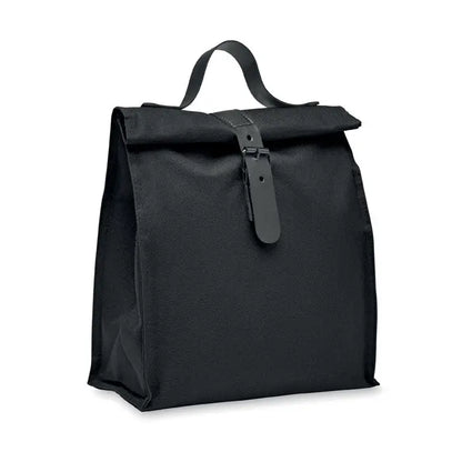 Geanta frigorifica 600d rpet neagra cu inchidere cu clapeta si curea eleganta din piele pentru pastrarea alimentelor