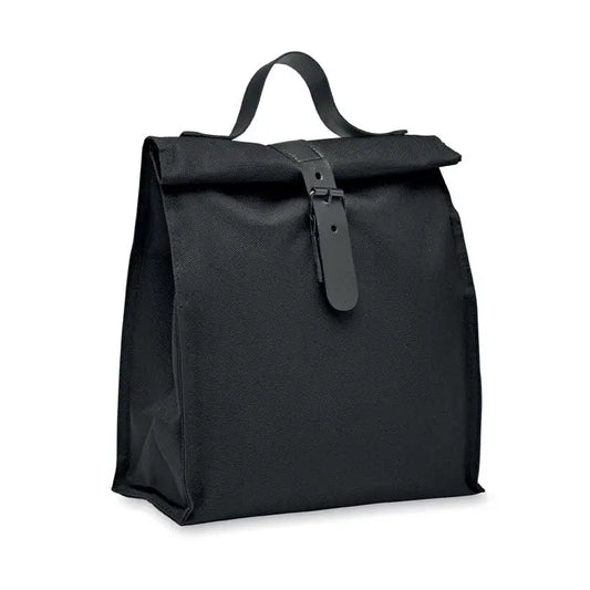 Geanta frigorifica 600d rpet neagra cu inchidere cu clapeta si curea eleganta din piele pentru pastrarea alimentelor