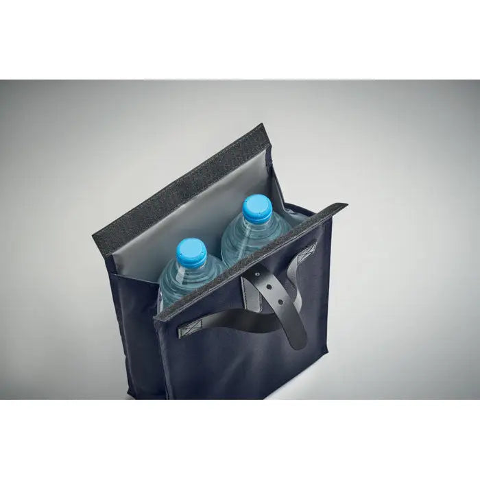 Geanta frigorifica 600d rpet neagra cu interior gri si manere negre tip piele pentru doua sticle de apa