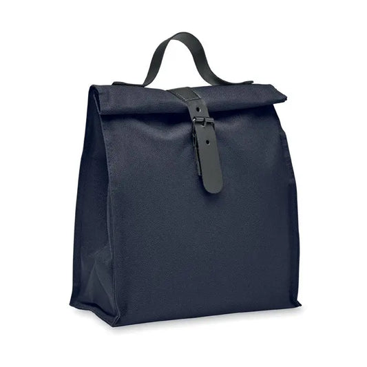Geanta frigorifica 600d rpet albastru navy din panza cu maner si catarama din piele neagra si inchidere roll-top