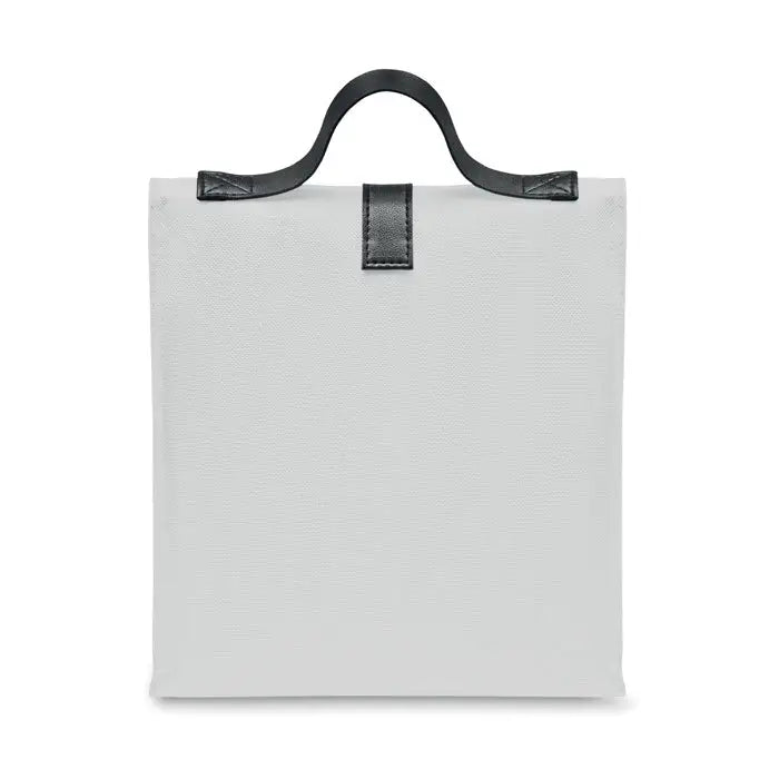 Geanta frigorifica 600d rpet din material canvas gri deschis cu maner si curea din piele neagra