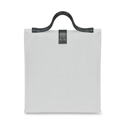 Geanta frigorifica 600d rpet din material canvas gri deschis cu maner si curea din piele neagra