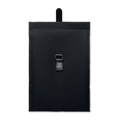 Geanta frigorifica 600d rpet din material textil negru cu curea din piele neagra si catarama metalica