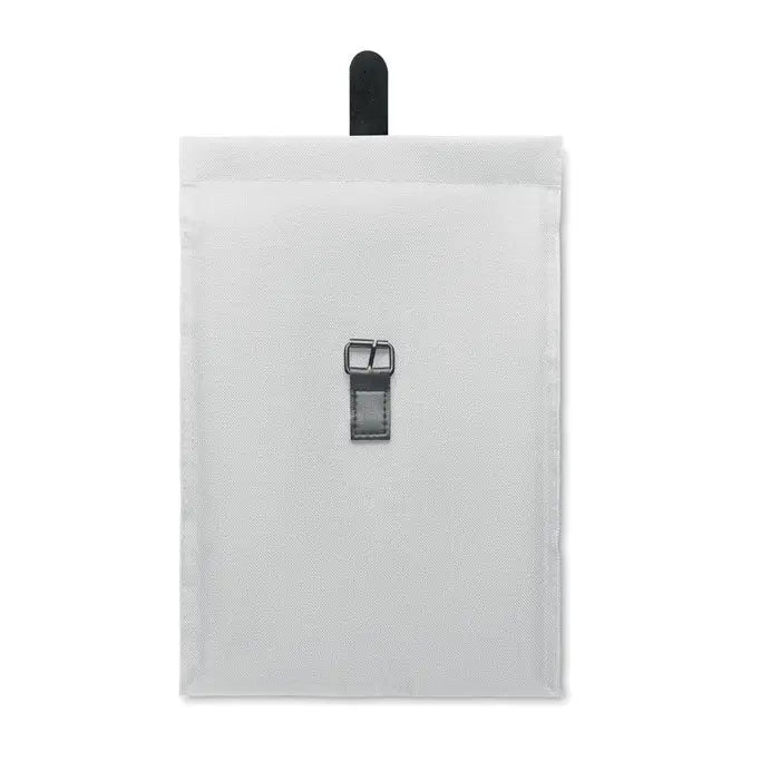 Geanta frigorifica 600d rpet alba din material texturat cu curea neagra din piele si catarama metalica
