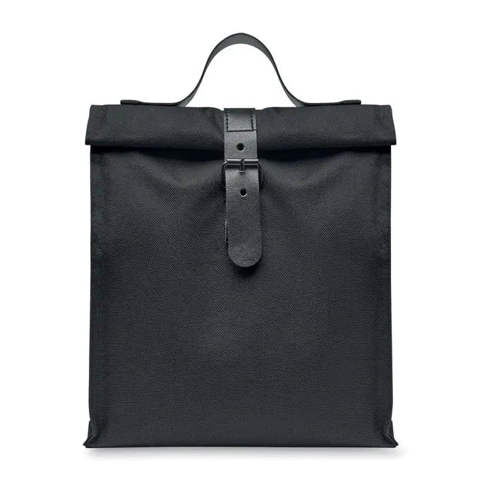 Geanta frigorifica 600d rpet neagra din panza cu inchidere roll-top si curea din piele cu catarama