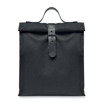 Geanta frigorifica 600d rpet neagra din panza cu inchidere roll-top si curea din piele cu catarama