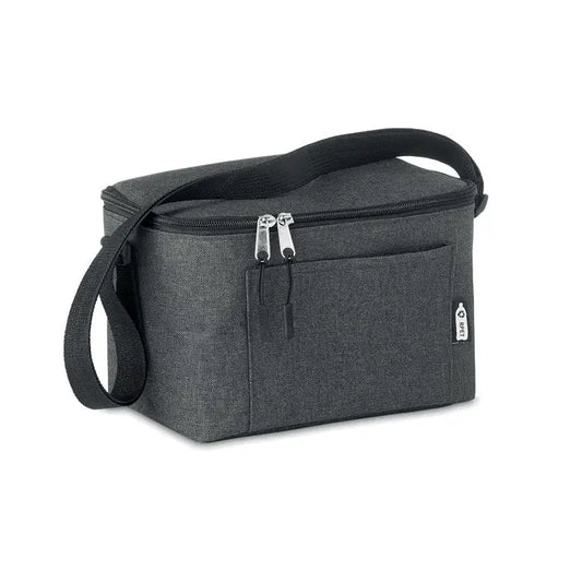 Geanta frigorifica 600d rpet din tesatura gri inchis texturata cu bretea neagra si fermoare argintii pentru conserve