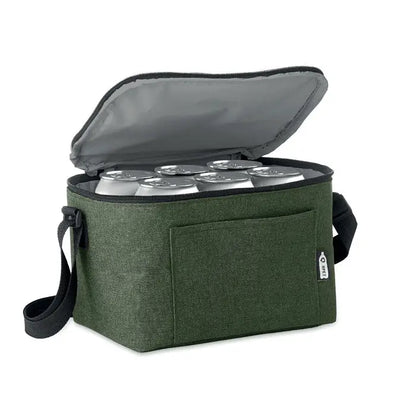 Geanta frigorifica 600d rpet verde izolata cu bretele negre si buzunar frontal pentru sase conserve
