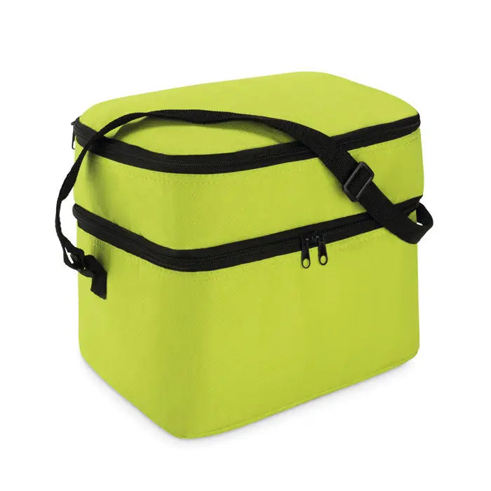 Geanta frigorifica cu 2 compartimente verde lime cu fermoar negru si bretea reglabila pentru umar