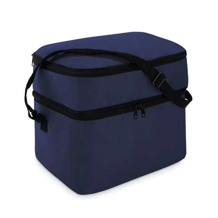 Geanta frigorifica navy blue cu 2 compartimente izolata cu fermoar negru si bretea reglabila